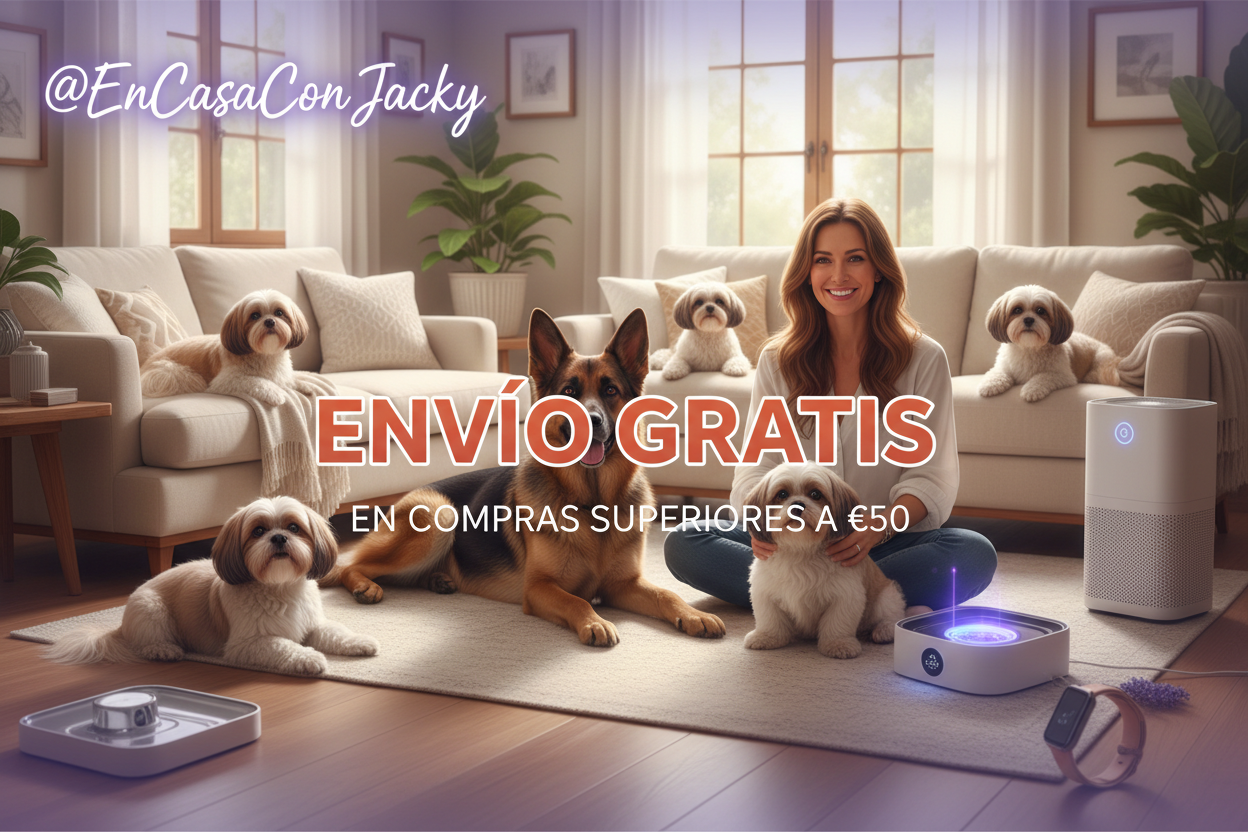 
Necesito un diseño armonioso con el color lila de la tienda de bienestar mascotas y tecnología enfocado también en el bienestar. El canal se llama @EnCasaConJacky. pon ENVIÓ GRATIS no pongas desde... nada de eso solo necesitamos impactar con la palabra ENVÍO GRATIS.DAR SEGURIDAD y motivar impulsar para compra. Algo acogedor de hogar, damos tecnologia bienestar para personas y mascotas del hogar Siempre pon 2 Pastores Alemanes, Pon 5 Shi Tzus; macho y hembra. Pon una mujer bella. textos no oculten diseño.