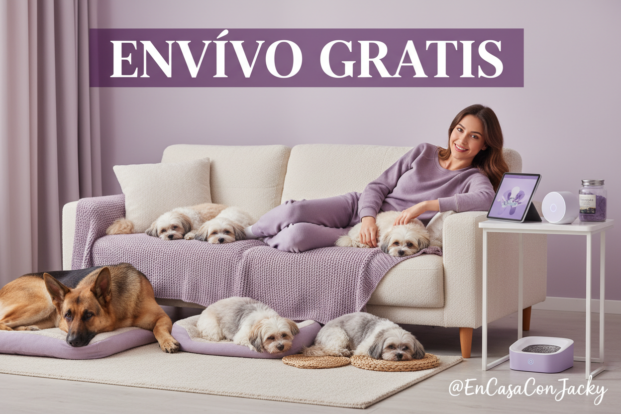Necesito un diseño armonioso con el color lila de la tienda de bienestar mascotas y tecnología enfocado también en el bienestar. El canal se llama @EnCasaConJacky. pon ENVIÓ GRATIS no pongas desde... nada de eso solo necesitamos impactar con la palabra de ENVÍO GRATIS. DAR SEGURIDAD y motivar impulsar para compra. Algo acogedor de hogar, damos tecnologia bienestar para personas y mascotas del hogar 2 pastor aleman, 5 Shi Tzus, mujer bella. Cuida que los textos que pongas no oculten el diseño hermoso.