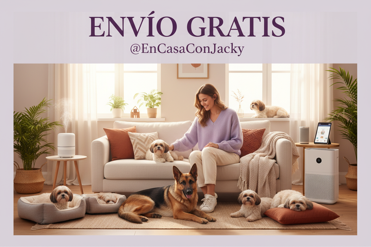 Necesito un diseño armonioso con el color lila de la tienda de bienestar mascotas y tecnología enfocado también en el bienestar. El canal se llama @EnCasaConJacky. pon ENVIÓ GRATIS no pongas desde... nada de eso solo necesitamos impactar con la palabra de ENVÍO GRATIS. DAR SEGURIDAD y motivar impulsar para compra. Algo acogedor de hogar, damos tecnologia bienestar para personas y mascotas del hogar pon 2 Pastores Aleman, Pon 5 Shi Tzus, Pon una mujer bella. Cuida que los textos no oculten el diseño hermoso.