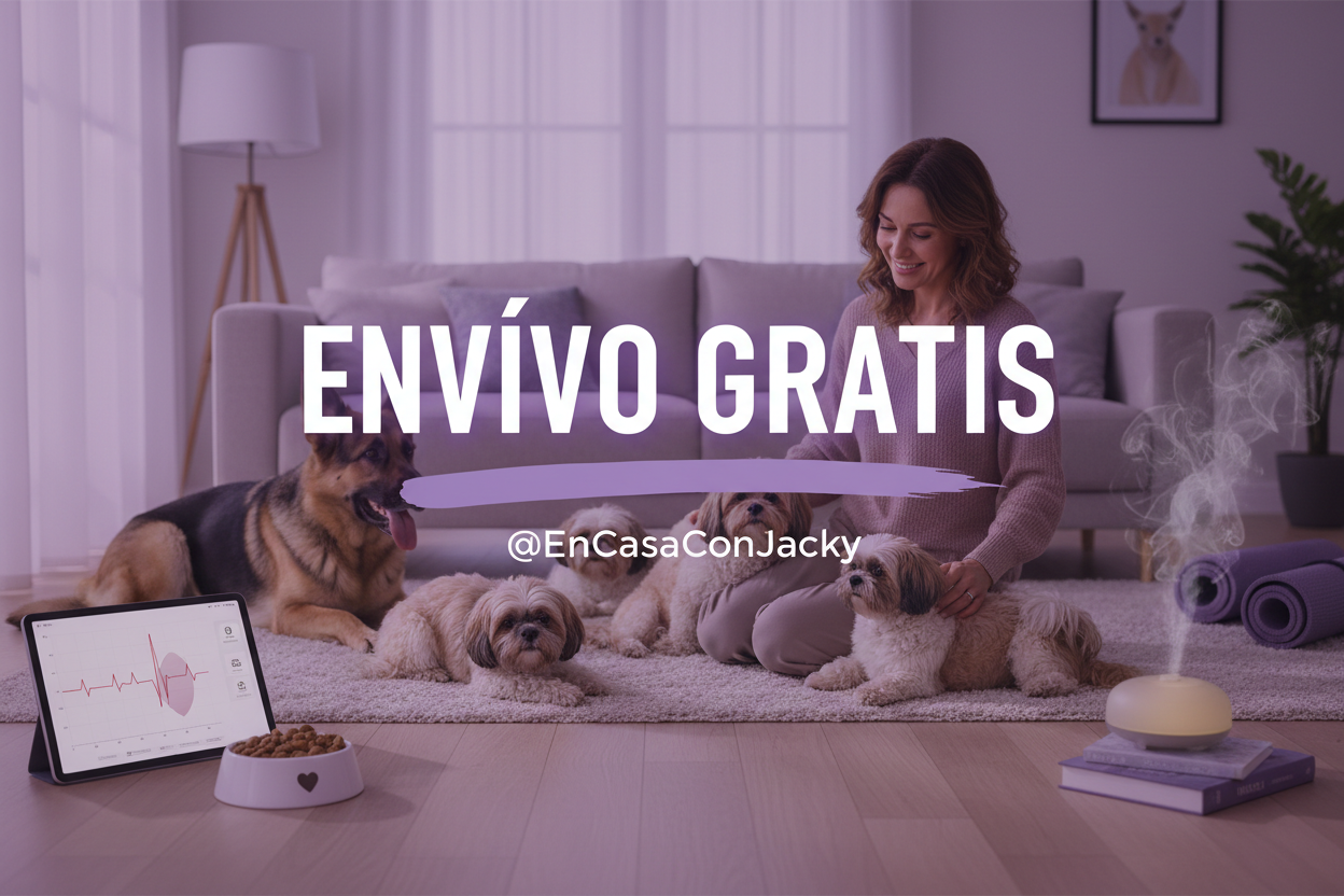 Necesito un diseño armonioso con el color lila de la tienda de bienestar mascotas y tecnología enfocado también en el bienestar. El canal se llama @EnCasaConJacky. pon ENVIÓ GRATIS no pongas desde... nada de eso solo necesitamos impactar con la palabra de ENVÍO GRATIS. DAR SEGURIDAD y motivar impulsar para compra. Algo acogedor de hogar, damos tecnologia bienestar para personas y mascotas del hogar pon 2 Pastores Alemanes, Pon 5 Shi Tzus; machos y hembra. Pon una mujer bella.Que los textos no oculten DISEÑO